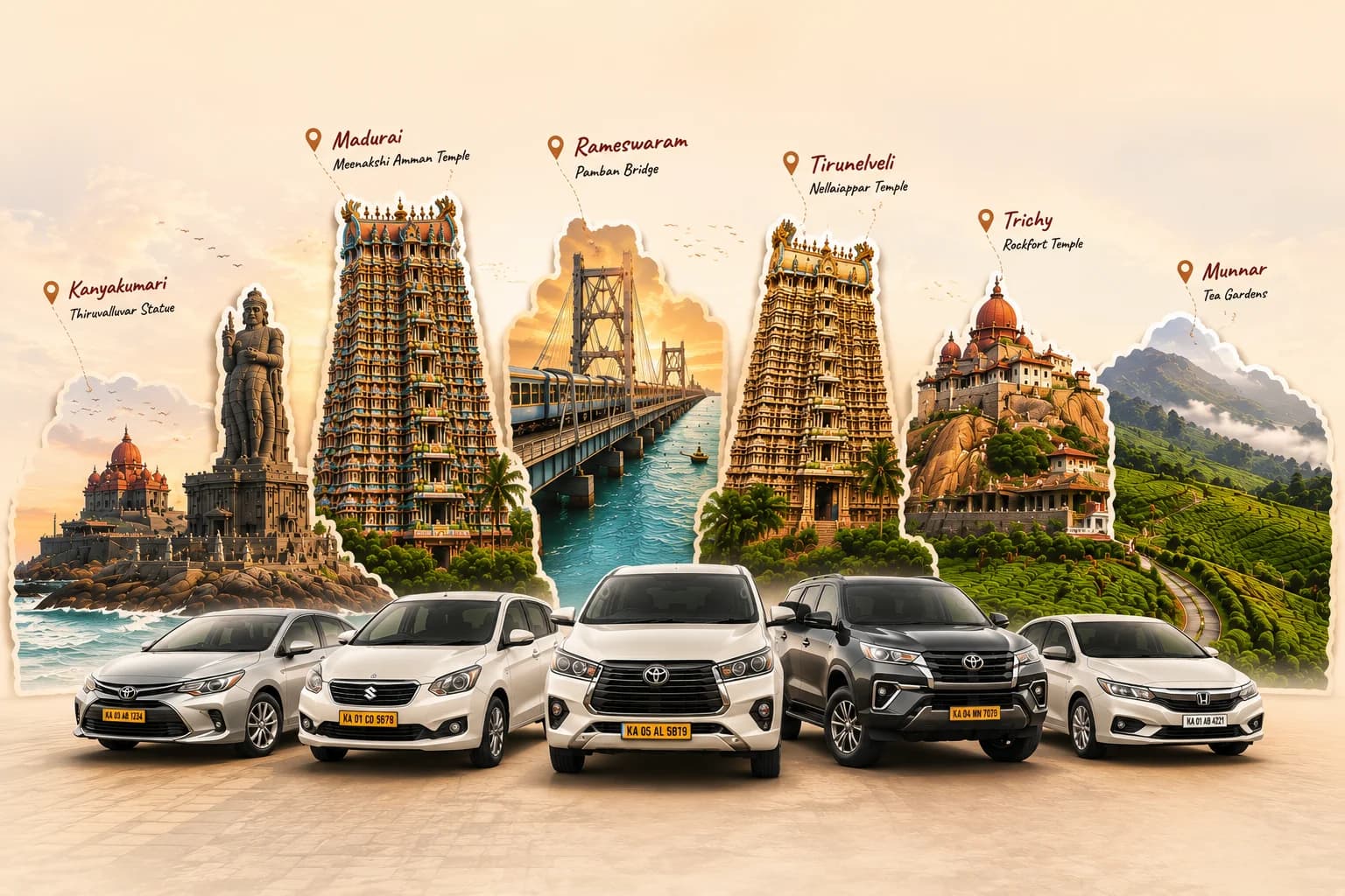 Prapti Travels fleet lined up against Tamil Nadu's top destinations — Kanyakumari, Madurai, Rameswaram, Tirunelveli, Trichy and Munnar